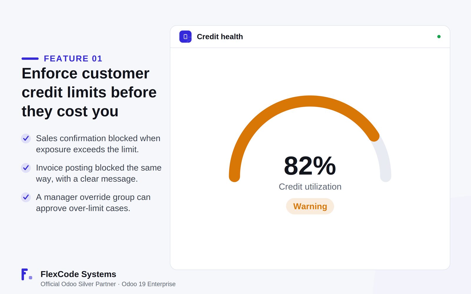 Credit health gauge showing 82 percent credit utilisation with a Warning status