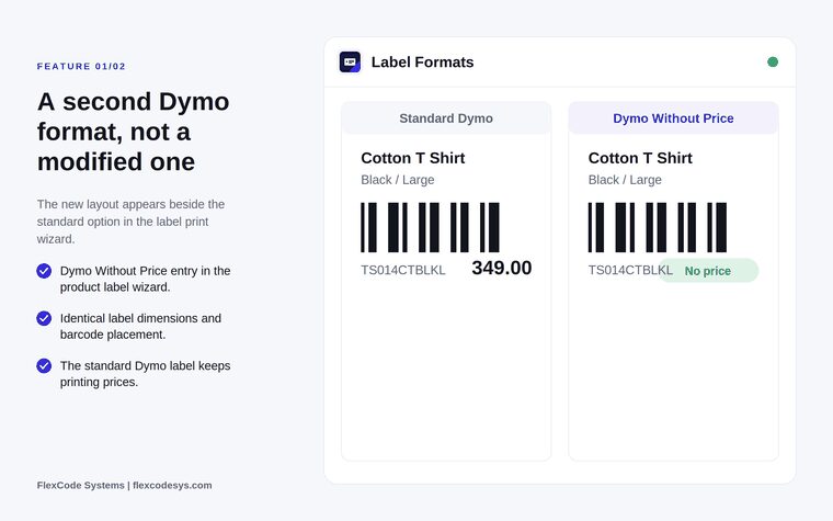 Two Dymo product labels side by side for the same shirt variant, the standard label with the price and the Dymo Without Price label with the same barcode and no price