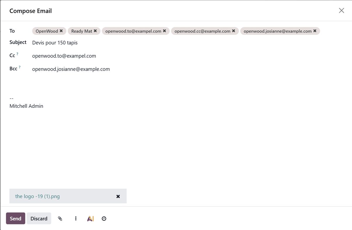 Odoo Compose Email dialog with Cc and Bcc fields under the subject, each holding a typed email address