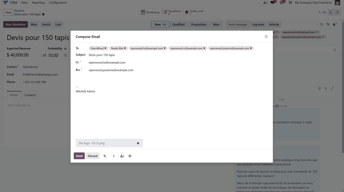 Compose Email dialog open over an Odoo CRM opportunity, showing the Cc and Bcc fields in context