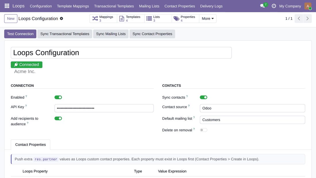 Loops Configuration screen in Odoo showing the Connected badge, API key, contact sync switch, contact source and default mailing list