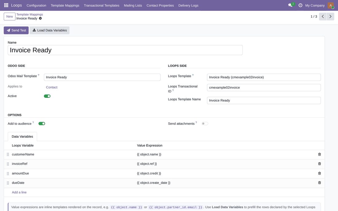 Template mapping form pairing the Odoo Invoice Ready template with a Loops transactional template, with data variables bound to record fields