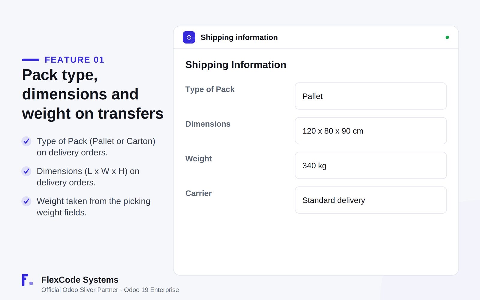 Shipping Information on a delivery order with Type of Pack set to pallet, dimensions in centimetres, weight in kilograms and the carrier