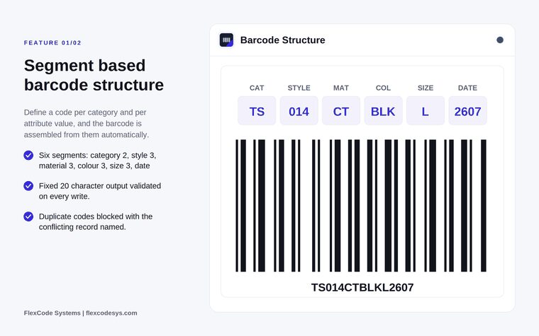 Odoo barcode structure diagram with the segments CAT, STYLE, MAT, COL, SIZE and DATE, example codes TS, 014, CT, BLK, L and 2607, and the resulting barcode