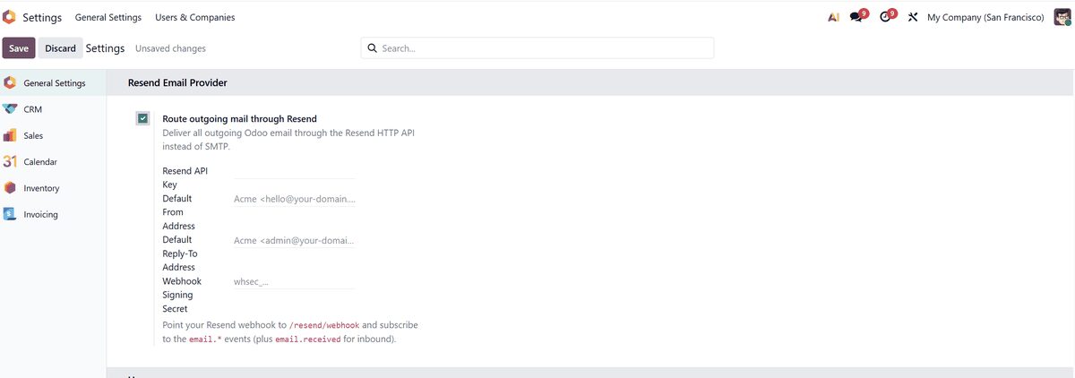 Odoo General Settings with the Resend Email Provider section: route outgoing mail through Resend, API key, default From and Reply-To addresses, and webhook signing secret