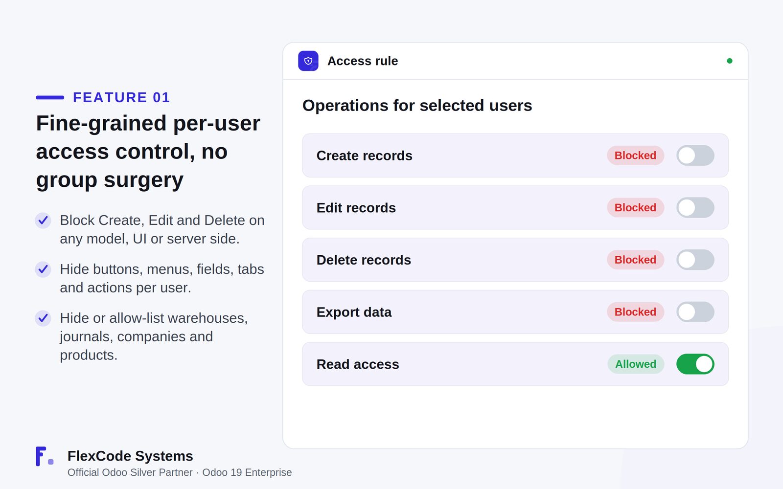 Rule Restriction access rule card in Odoo with Create, Edit and Delete blocked and read access allowed for selected users
