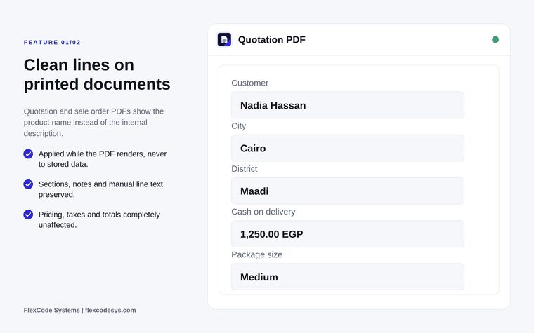 Quotation PDF panel next to a list of benefits: applied while the PDF renders, notes preserved, prices and totals unaffected