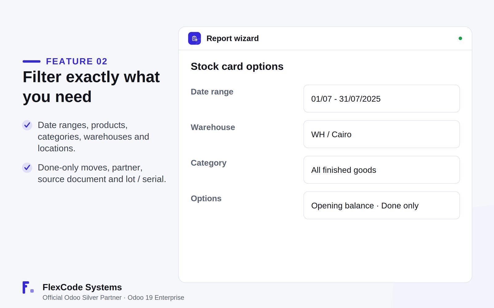 Stock card wizard with a date range, a warehouse, a product category and the opening balance and done-only options